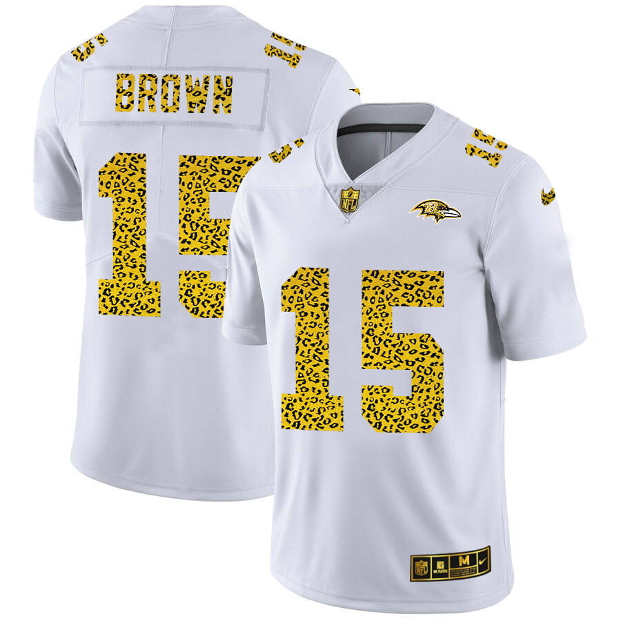 Baltimore Ravens #15 Marquise Brown Men Nike Flocked Leopard Print Vapor Limited NFL Jersey White